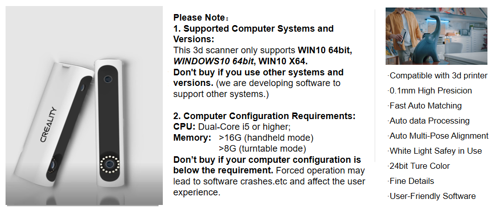 Creality Upgraded CR-Scan01 3D Scanner Kit with Turntable and Tripod, Handheld & Turntable Dual-Mode, 0.1mm Accuracy, No Marker Quick Scanning, Affordable Professional Level 3D Printer Scanners